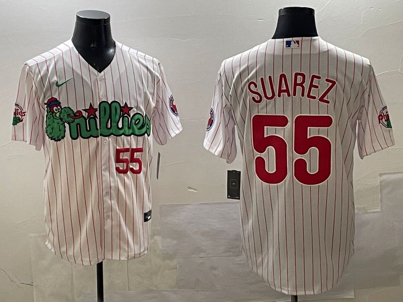 Men Philadelphia Phillies #55 Suarez White Stripe Three generations Joint Name Game 2025 Nike MLB Jersey style 4->philadelphia phillies->MLB Jersey